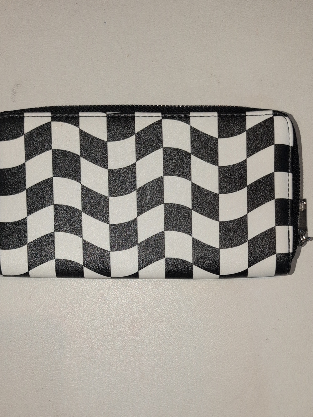 Black and White Checkered Wave Zip Wallet